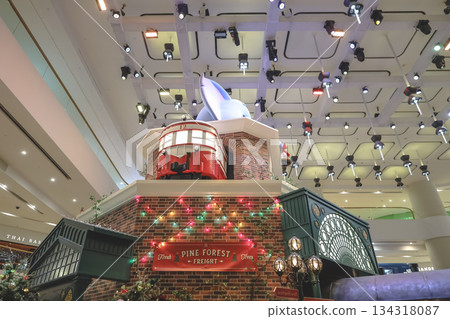 Vintage train station Christmas display inside shopping mall Vintage train station Christmas display inside shopping mall 134318087