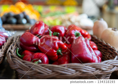 Red bell peppers in shop window Red bell peppers in shop window 134318193