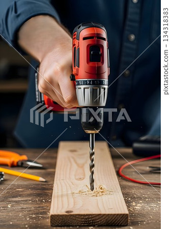 Cordless Drill Drilling Hole in Wooden Board 134318383