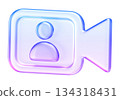 Translucent glass style video camera icon with soft blue and purple gradients. Designed in minimal glassmorphism style for modern UI and UX interfaces, suitable for media, streaming 134318431