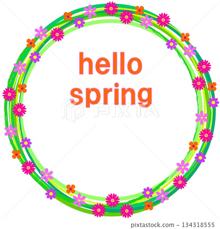 你好春天 花卉圖案邊框 白色背景 綠色粉紅色 134318555