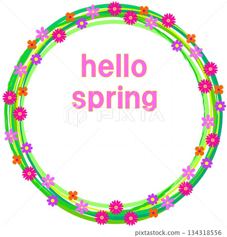 Hello Spring Floral Pattern Frame White Background Green Pink Hello Spring Floral Pattern Frame White Background Green Pink 134318556