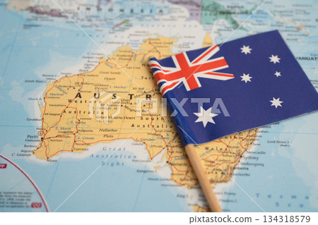 Bangkok, Thailand  January 20, 2022 Australia flag on world map, travel, geography, tourism and exploration. 134318579