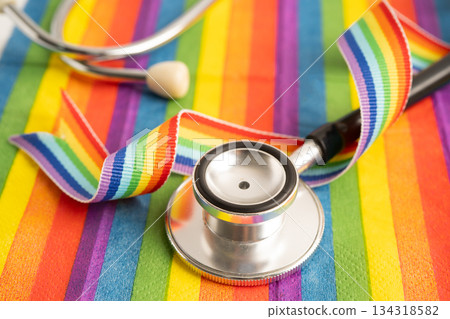 Stethoscope on LGBT rainbow flag. 134318582