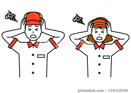 Set of male and female fast food restaurant employees holding their heads in worry Set of male and female fast food restaurant employees holding their heads in worry 134318599