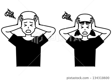 Set of male and female izakaya waiters holding their heads in worry 134318600