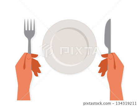 Empty white plate and hands with fork and knife. Vector stock illustration Empty white plate and hands with fork and knife. Vector stock illustration 134319211