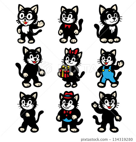 Cute Cartoon Black Cat Character Set in Various Poses Cute Cartoon Black Cat Character Set in Various Poses 134319280