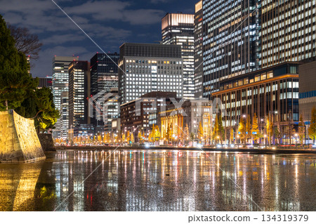 東京:丸之內夜景倒映在護城河中 東京:丸之內夜景倒映在護城河中 134319379