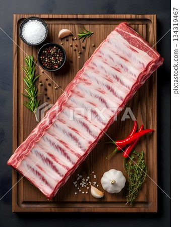 Raw Pork Belly Slabs on Wooden Cutting Board with Herbs 134319467