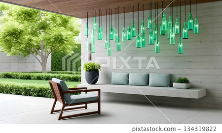 A modern outdoor space featuring stylish green pendant lights, a sleek bench, and a cozy chair surrounded by lush greenery, perfect for relaxing or entertaining. 134319822