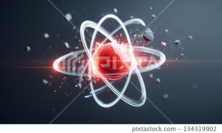 A stunning digital illustration of an atom model, featuring a glowing red nucleus surrounded by dynamic electrons and vivid particles, symbolizing energy and scientific innovation. 134319902