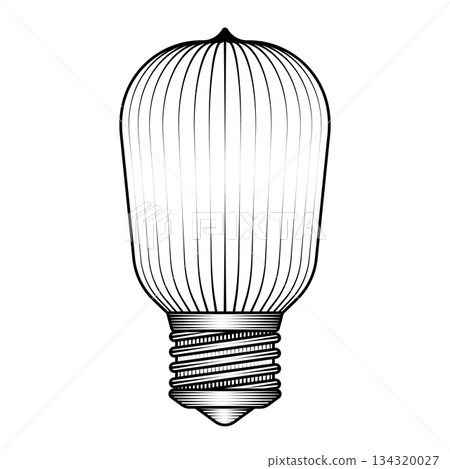retro edison light bulb illustration in vintage woodcut style black and white vector art isolated electric lamp for idea concept or antique decor 134320027