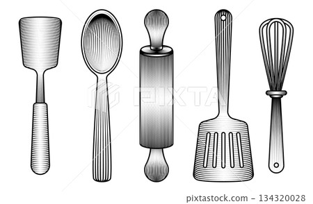 set of kitchen baking tools illustration featuring rolling pin whisk spoon and spatulas vintage woodcut style black white vector art isolated cookware collection engraved drawing set of kitchen baking tools illustration featuring rolling pin whisk spoon and spatulas vintage woodcut style black white vector art isolated cookware collection engraved drawing 134320028