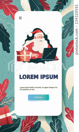 Santa Claus Christmas online celebration digital gift giving festive leaves background mobile app screen template Santa Claus Christmas online celebration digital gift giving festive leaves background mobile app screen template 134320591