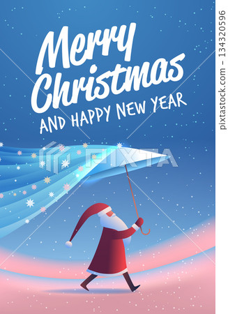Santa Christmas New Year 2026 celebration winter scene with Santa holding umbrella under paper airplane snowflakes blue pink gradient background 134320596