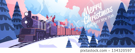Santa Christmas train winter landscape festive gifts snowy pine trees sunset sky holiday celebration web banner Santa Christmas train winter landscape festive gifts snowy pine trees sunset sky holiday celebration web banner 134320597