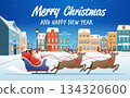 Santa sleigh reindeer Christmas New Year 2026 snowy village houses gifts festive night celebration winter landscape holiday scene 134320600