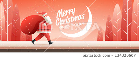 Santa Christmas winter landscape walking with sack snow falling red trees crescent moon festive holiday scene horizontal web banner Santa Christmas winter landscape walking with sack snow falling red trees crescent moon festive holiday scene horizontal web banner 134320607
