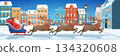 Santa Christmas sleigh reindeer winter town snowy festive houses presents night sky snow falling holiday celebration banner 134320608