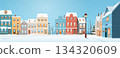 Christmas winter cityscape snowy street festive houses lampposts snowflakes blue sky colorful buildings trees urban neighborhood seasonal background 134320609