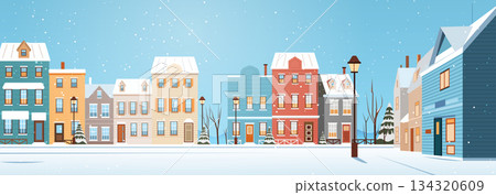 Christmas winter cityscape snowy street festive houses lampposts snowflakes blue sky colorful buildings trees urban neighborhood seasonal background 134320609