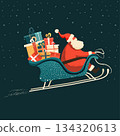 Santa Christmas sleigh full of gifts festive winter night snow holiday celebration cartoon style dark background 134320613