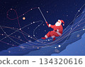 Santa fishing for star Christmas night sky abstract cosmic lines festive celebration dark blue background 134320616