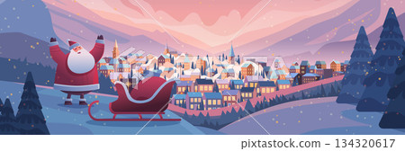 Santa Christmas winter town landscape sleigh celebration festive evening snowy village hills pine trees gifts colorful sky 134320617
