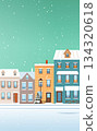 Christmas city street winter snow scene houses snowfall pastel buildings holiday tree lamp post turquoise background seasonal banner 134320618