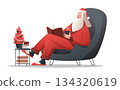 Santa relaxing Christmas holiday reading book drinking coffee cozy armchair festive tree gifts slippers modern home decor 134320619