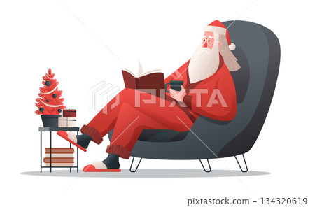 Santa relaxing Christmas holiday reading book drinking coffee cozy armchair festive tree gifts slippers modern home decor 134320619
