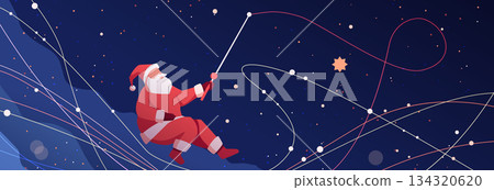 Santa Claus Christmas cosmic fishing concept festive night sky abstract lines stars deep blue background creative holiday banner 134320620