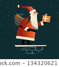 Santa Claus Christmas gift delivery rooftop snowy night festive character holding present dark background modern flat design 134320621