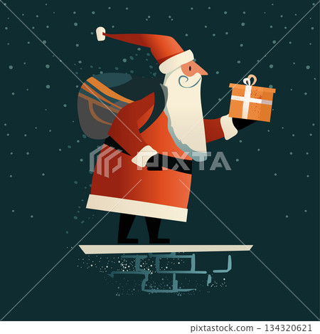 Santa Claus Christmas gift delivery rooftop snowy night festive character holding present dark background modern flat design 134320621