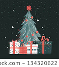 Christmas tree presents festive night snowfall decorated fir gifts boxes star dark background winter celebration 134320622
