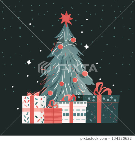 Christmas tree presents festive night snowfall decorated fir gifts boxes star dark background winter celebration 134320622
