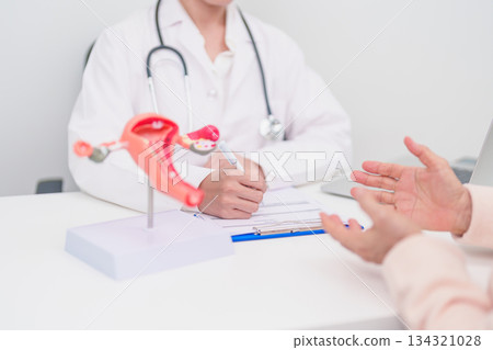 Woman patient consulting doctor with anatomy Uterus and Ovaries. Ovarian and Cervical cancer, Cervix disorder, Endometriosis, Hysterectomy, Uterine fibroids, Reproductive system and Pregnancy concept Woman patient consulting doctor with anatomy Uterus and Ovaries. Ovarian and Cervical cancer, Cervix disorder, Endometriosis, Hysterectomy, Uterine fibroids, Reproductive system and Pregnancy concept 134321028