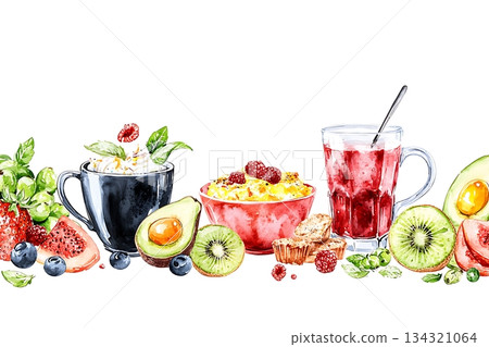 Fresh Berries and Fruits in Colorful Bowls with Refreshing Drink and Sweet Treats 134321064