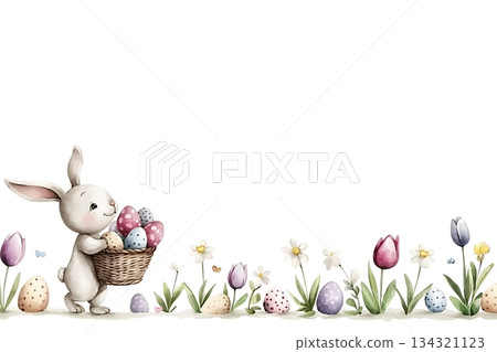 Cute Bunny with Easter Eggs in Basket Surrounded by Colorful Flowers and Festive Decor Cute Bunny with Easter Eggs in Basket Surrounded by Colorful Flowers and Festive Decor 134321123