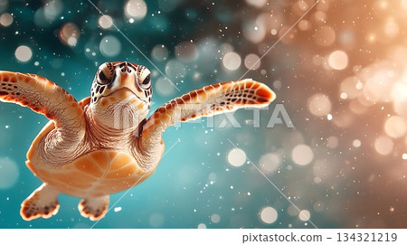 Sea Turtle Gliding Through Water with Beautiful Bokeh Effect and Soft Light Background 134321219
