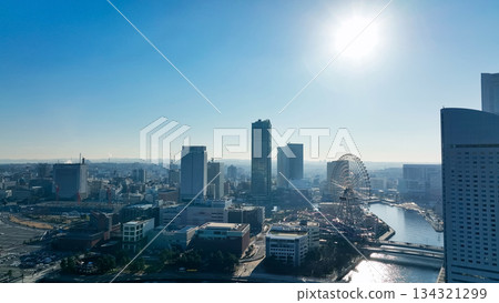 Drone aerial view of modern city and blue sky Drone aerial view of modern city and blue sky 134321299