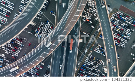 Drone aerial shot of highway junction Drone aerial shot of highway junction 134321323