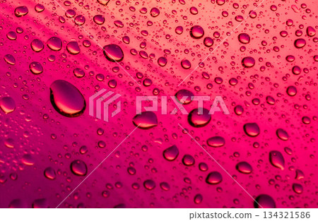 Macro shot of water drops on a window with vibrant magenta and red gradient light. Fresh liquid pattern. Macro shot of water drops on a window with vibrant magenta and red gradient light. Fresh liquid pattern. 134321586