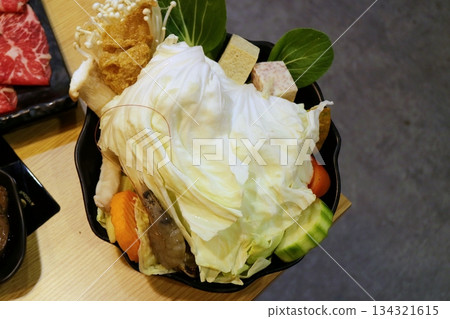 Aerial view of Asian hot pot ingredients Aerial view of Asian hot pot ingredients 134321615