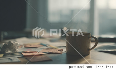 Steaming mug on desk with crumpled papers 134321653