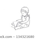 Child reading picture book line art 134321680