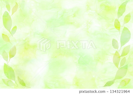 Watercolor frame of fresh green leaves. Green background creates a soothing atmosphere. 134321964