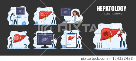 Liver health concept. Doctor examination and diagnosis for disease prevention and treatment. Medical illustration 134322488