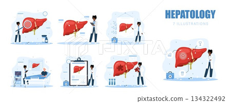Digestive system disease set. Hepatologist consultation with medical test and treatment. Vector hospital scene Digestive system disease set. Hepatologist consultation with medical test and treatment. Vector hospital scene 134322492